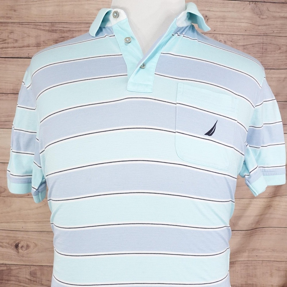 Nautica Polo Shirt Mens Medium Blue Aqua Striped Chest Pocket Sail Logo